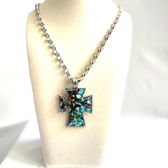 Cross Necklace Turquoise and TIger Eye - Picture 1 of 3